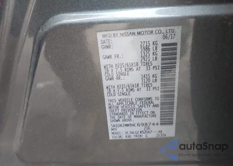 2017 Nissan Pathfinder Sl из США, поврежденный, VIN 5N1DR2MM9HC698744